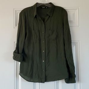 A.n.a size small olive green silky 100% rayon blouse roll up button down sleeves